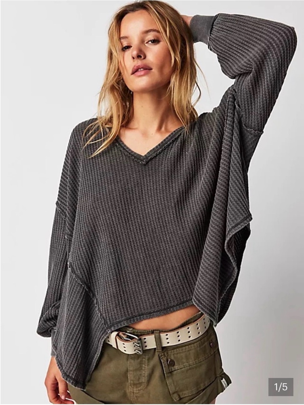 We the Free faded charcoal gray thermal waffle knit oversized top S